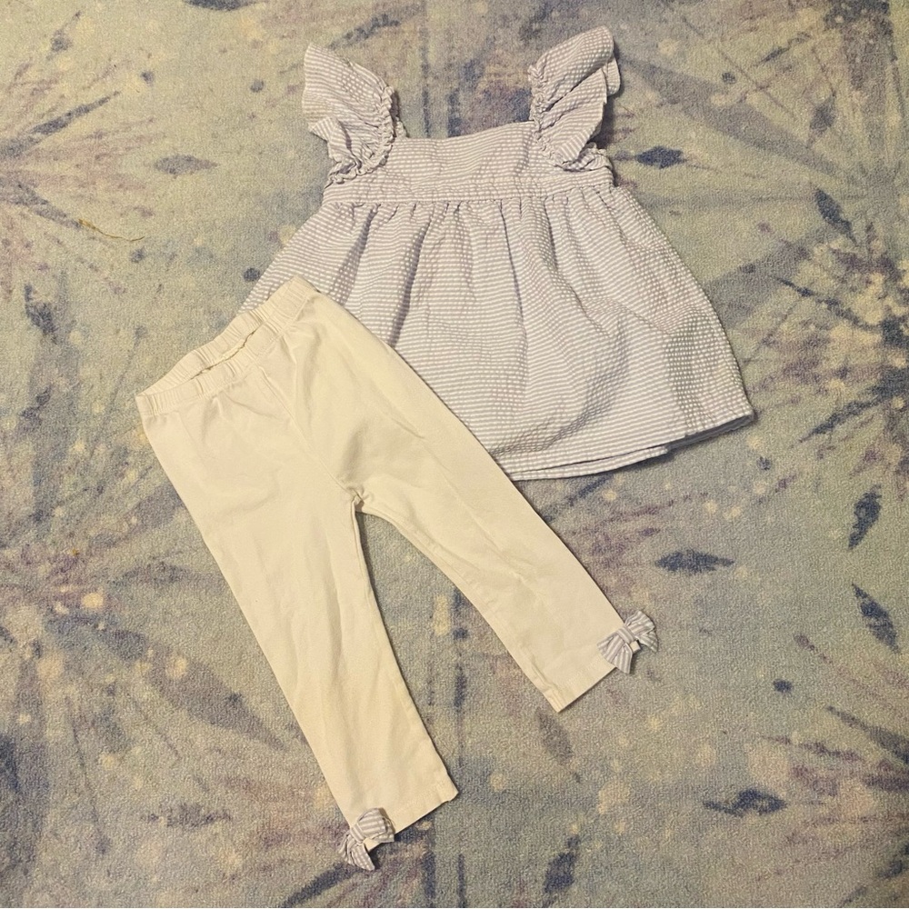 First impressions Blue Striped Searsucker Top With White Bow Leggings 24M Baby